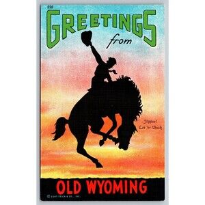 Vintage 1939 Wyoming Linen Postcard Greetings from Old Wyoming Curt Teich Cowboy